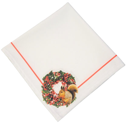 Charlo's Cloth Napkins Set of 4 Christmas Wreath with Squirrel 16" by 16" - White