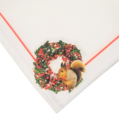 Charlo's Cloth Napkins Set of 4 Christmas Wreath with Squirrel 16" by 16" - White