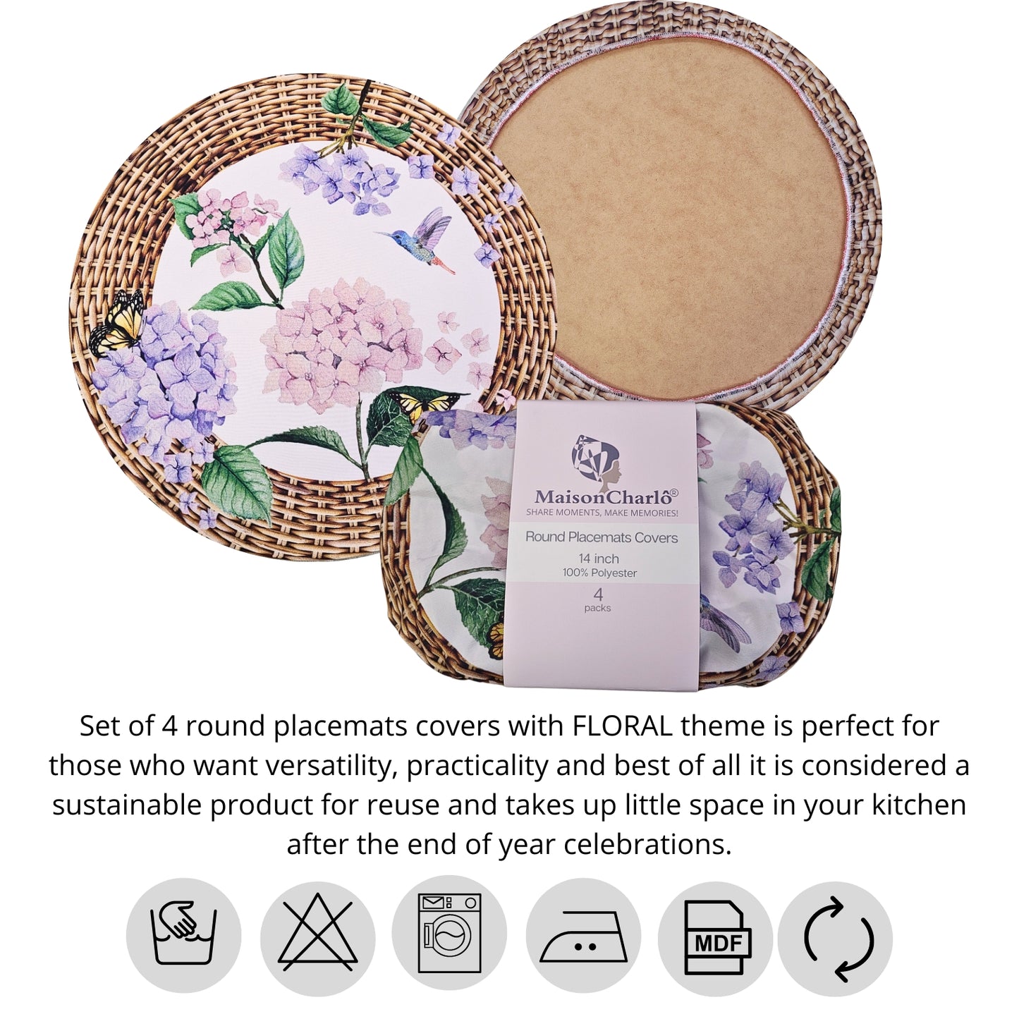 Charlo's Set of 4 Round Placemats Covers 14 Dia inch Ring Orchid for dining table setting