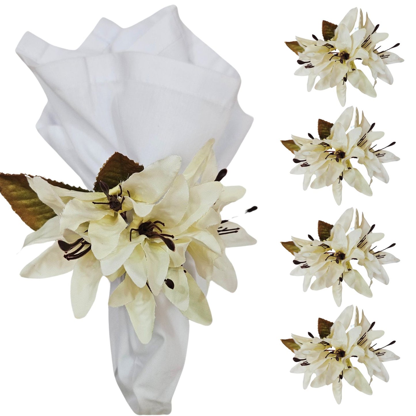 Maison Charlo Set of 4 Off White Lilies Charm Flower Napkin Rings