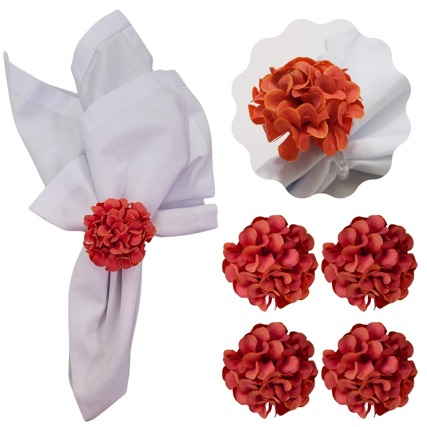 Charlo's Set of 4 Orange Flower Chrysanthemum Charm Napkin Rings for dining table decor