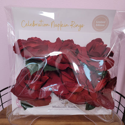 Maison Charlo Set of 6 Red Colombiana Rose Flower Rosebud Napkin Rings for dining table decor