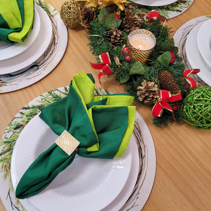 Set of 4 Round Placemats Covers Wreath Fireplace Christmas Cloth 14" Dia - Green