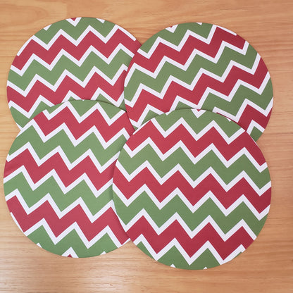 Set of 4 Round Placemats Covers Christmas Chevron Green Red Cloth 14" Dia  | Red