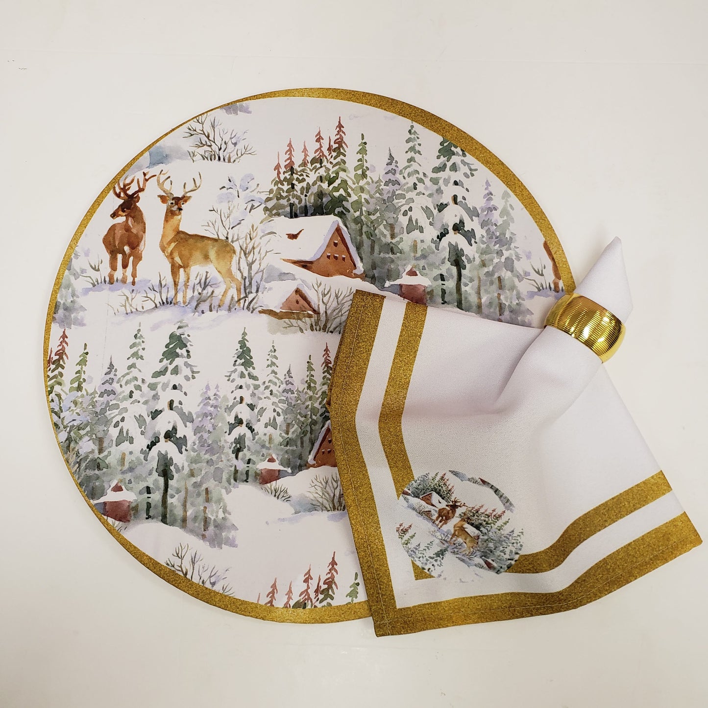 Charlo's Cloth Napkins Set of 4 Christmas Reindeer 16" by 16" -  Gold