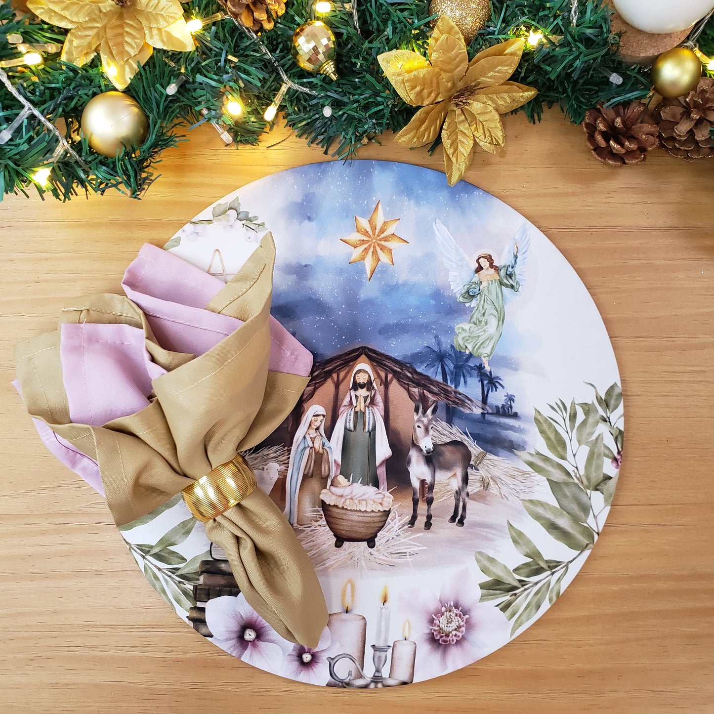 Set of 4 Round Placemats Covers Christmas Night Cloth 14" - White