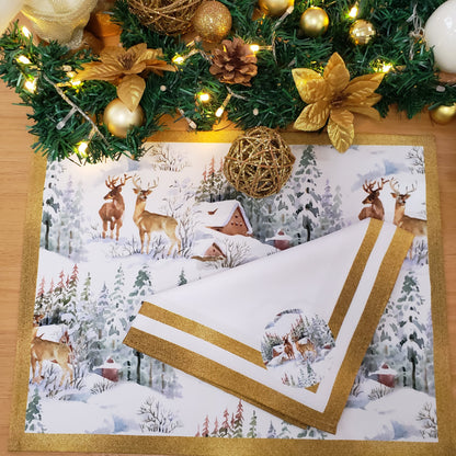 Charlo's Cloth Napkins Set of 4 Christmas Reindeer 16" by 16" -  Gold