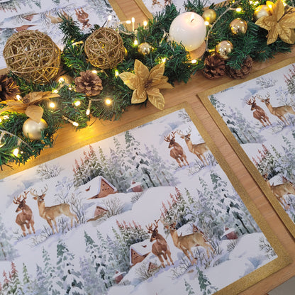 Set of 4 Placemats Christmas Reindeer Cloth Waterproof 17" by 13"  - Gold