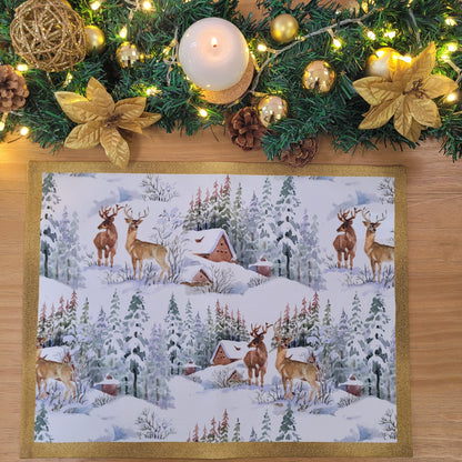 Set of 4 Placemats Christmas Reindeer Cloth Waterproof 17" by 13"  - Gold