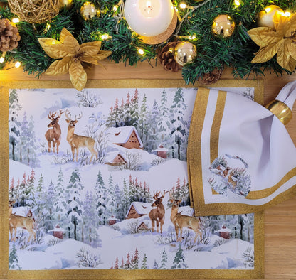 Set of 4 Placemats Christmas Reindeer Cloth Waterproof 17" by 13"  - Gold