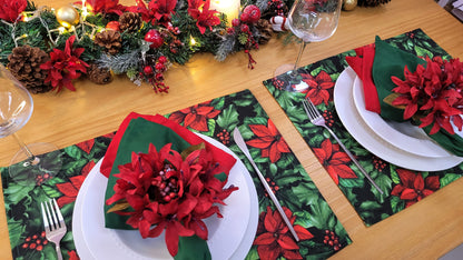 Set of 4 Placemats Christmas Flower Cloth Waterproof 17" by 13" - Red