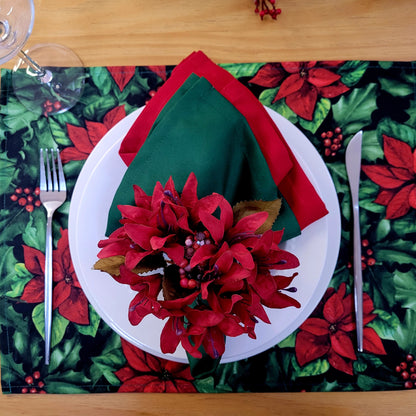 Set of 4 Placemats Christmas Flower Cloth Waterproof 17" by 13" - Red