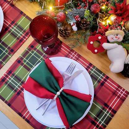 Set of 4 Placemats Christmas Plaid Cloth Waterproof 17" by 13"  -Red