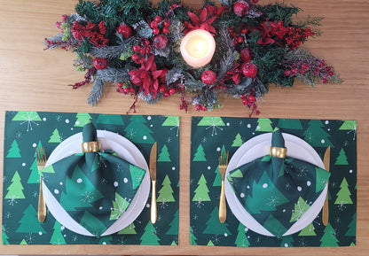 Set of 4 Placemats Christmas Tree Cloth Waterproof 17" by 13"  - Green