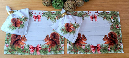 Set of 4 Placemats Christmas Squirrel Cloth Waterproof 17" by 13" Grey