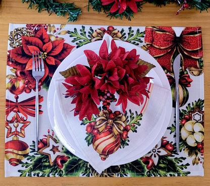 Set of 4 Placemats Christmas Party Wreath Cloth Waterproof 17" by 13" - Grey