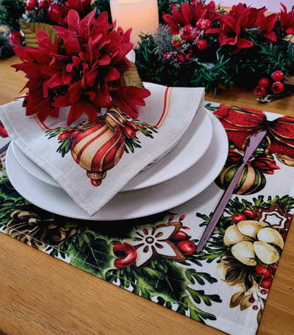 Set of 4 Placemats Christmas Party Wreath Cloth Waterproof 17" by 13" - Grey