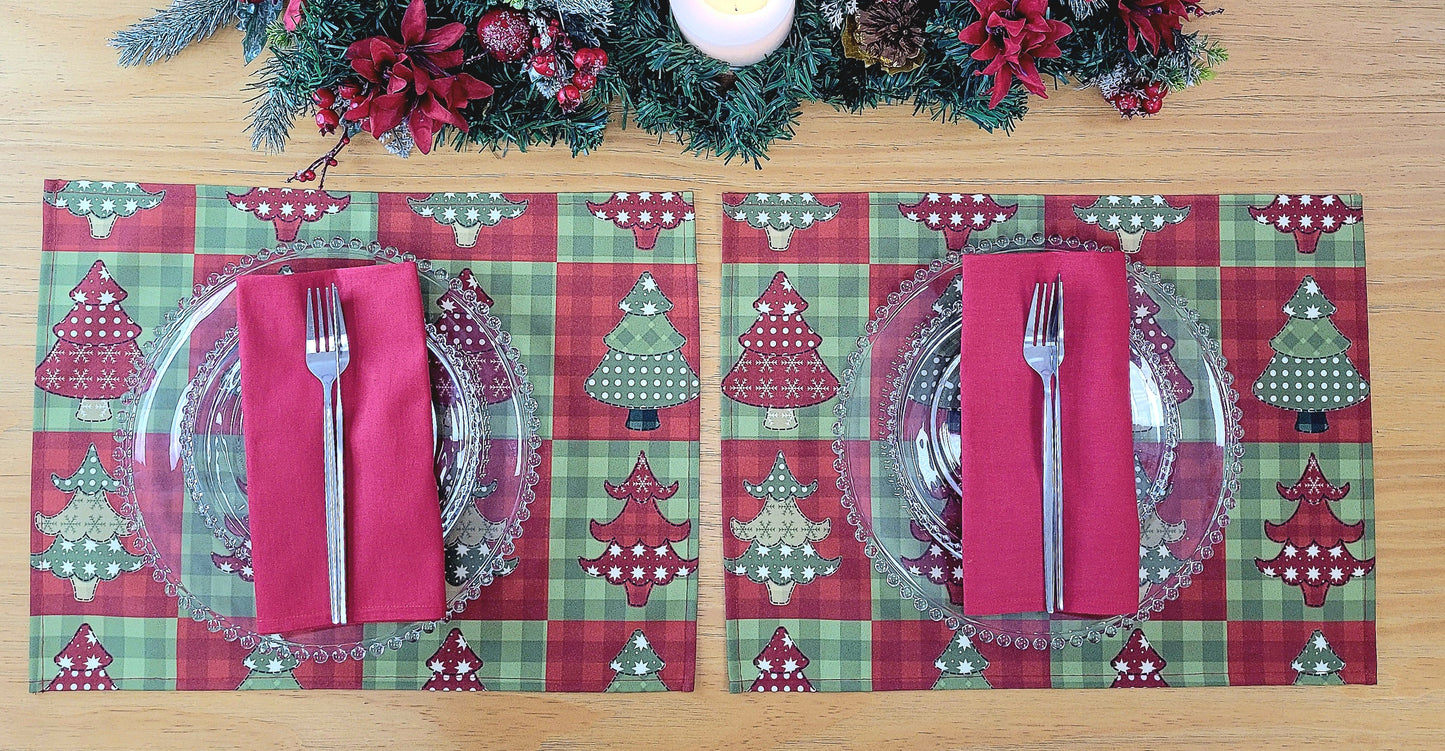 Set of 4 Placemats Christmas Tree Patchwork Cloth Waterproof 17" by 13" - Red