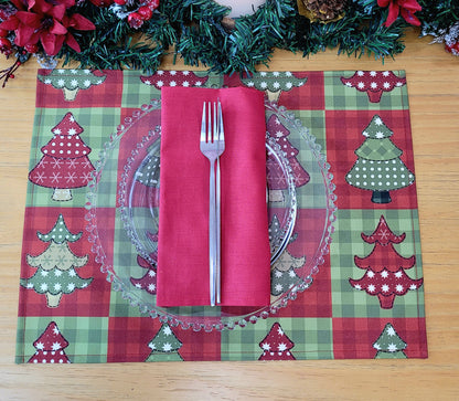 Set of 4 Placemats Christmas Tree Patchwork Cloth Waterproof 17" by 13" - Red