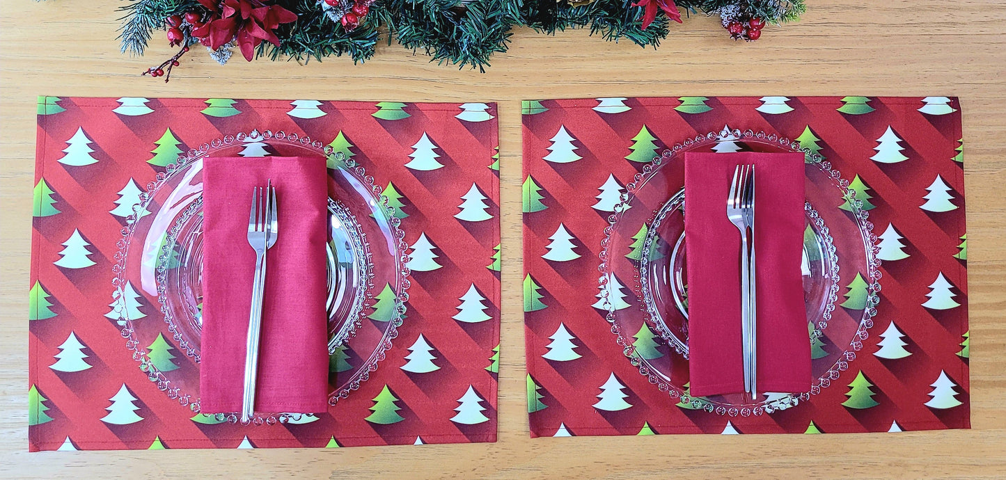 Set of 4 Placemats Green Degrade Christmas Tree Cloth Waterproof 17" by 13" - Red