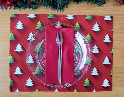 Set of 4 Placemats Green Degrade Christmas Tree Cloth Waterproof 17" by 13" - Red