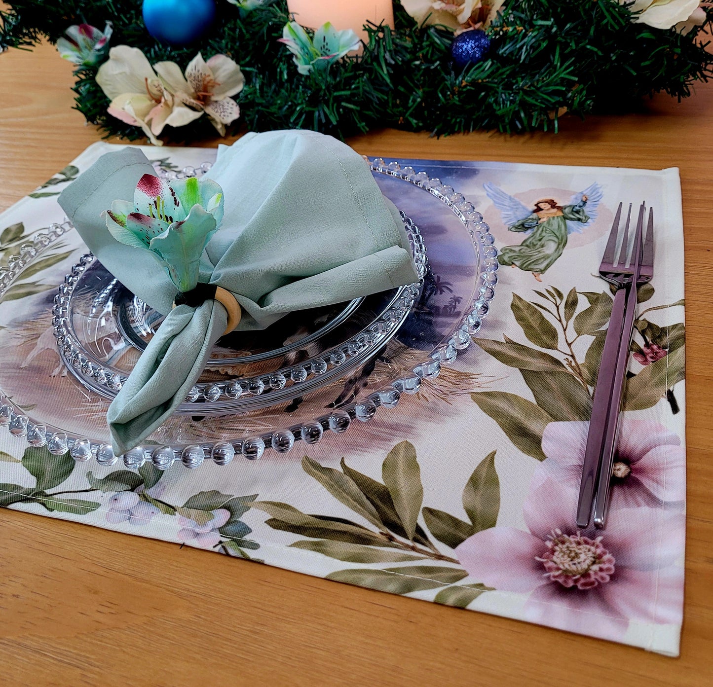 Set of 4 Placemats Christmas Happy Night Cloth Waterproof 17" by 13" -  White