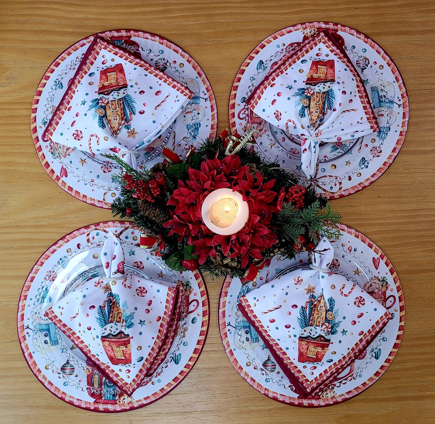 Set of 4 Round Placemats Covers Christmas Candy Cloth 14" Dia Cloth 14" Synthetic - White