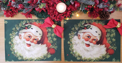 Set of 4 Placemats Christmas Santa Claus Cloth Waterproof 17" by 13" -  Green