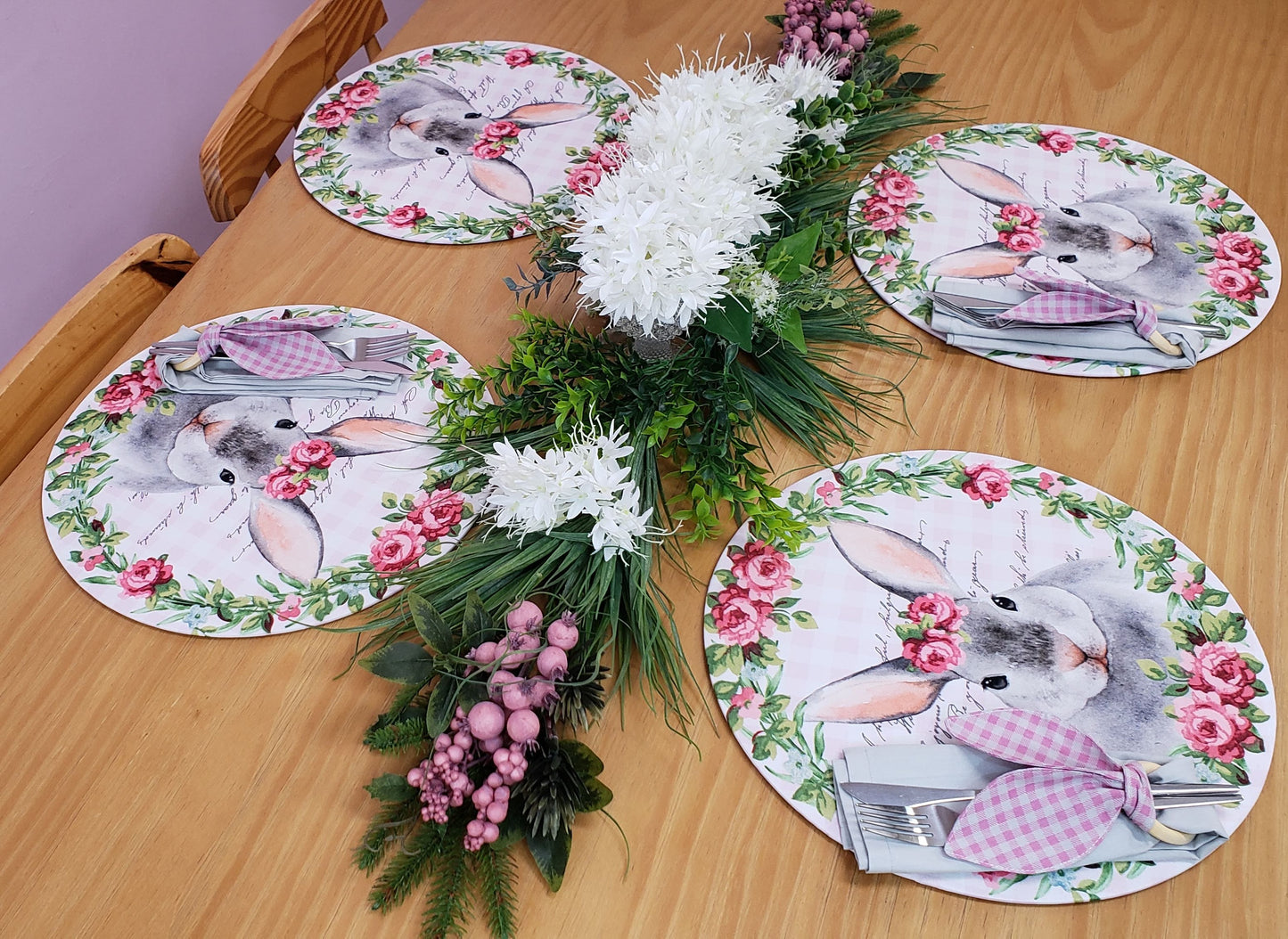 Set of 4 Easter Rose Plaid Covers for Round Placemats 14" Dia Polyester for Kitchen Table Washable Dining Table