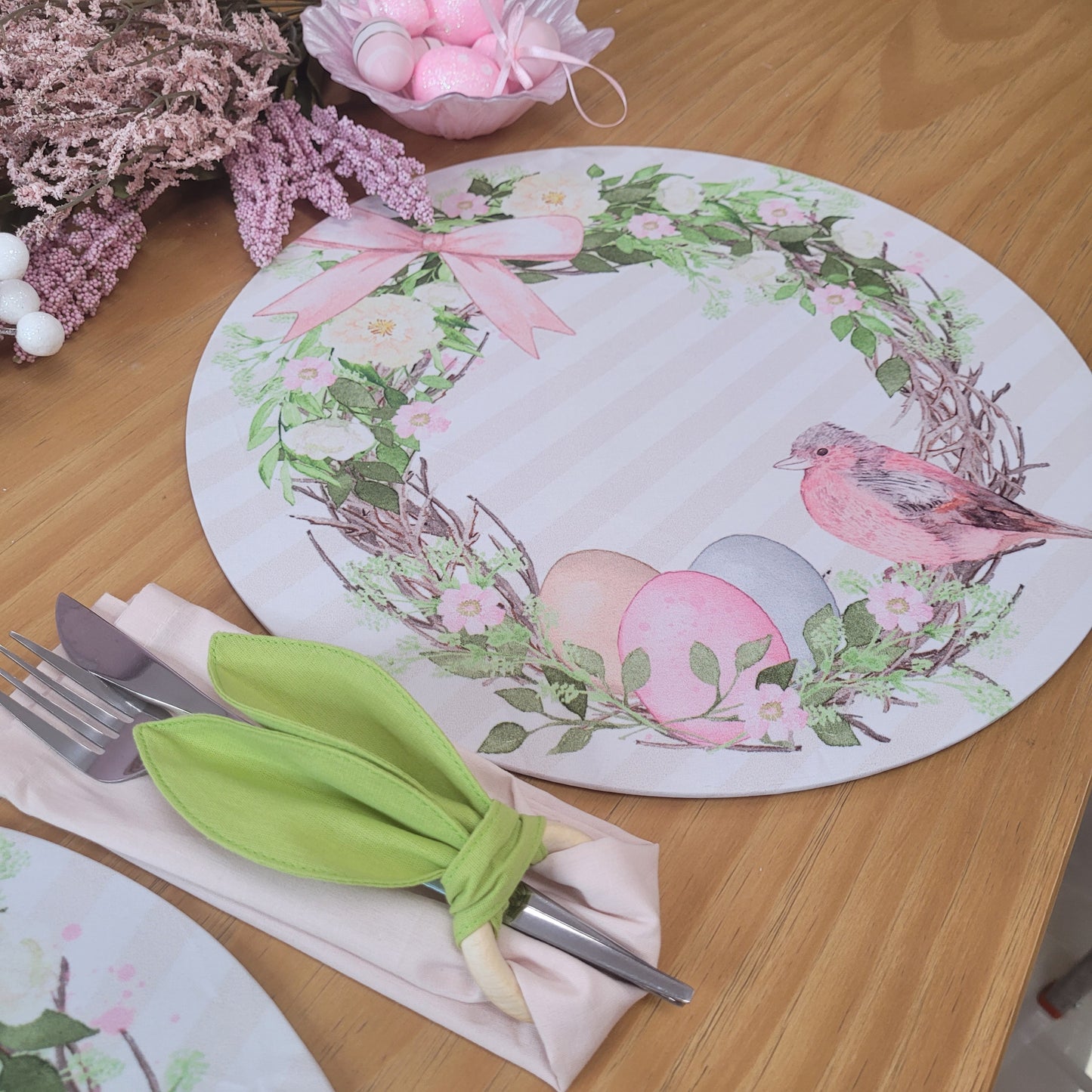 Set of 4 Easter Striped Bird Rose Covers for Round Placemats 14" Dia Polyester for Kitchen Table Washable Dining Table