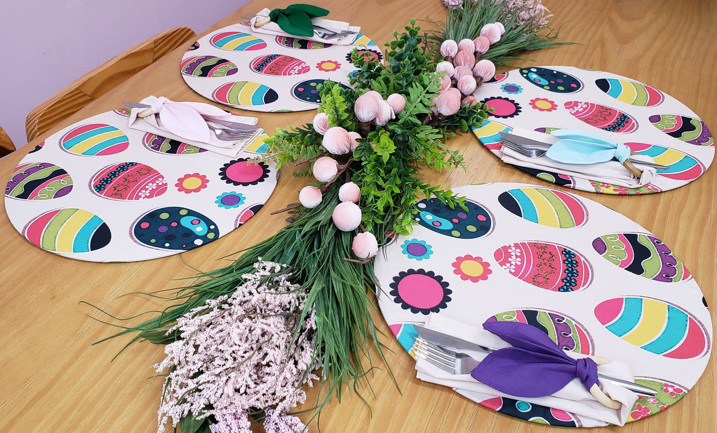 Set of 4 Easter Easter Eggs Covers for Round Placemats 14" Dia Polyester for Kitchen Table Washable Dining Table