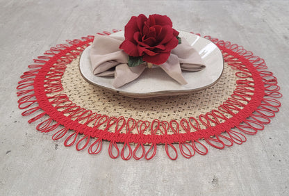 Charlo's Set of 2 Red Sustainable Brazilian Jute Liz Round Placemats Sousplat 16" dia