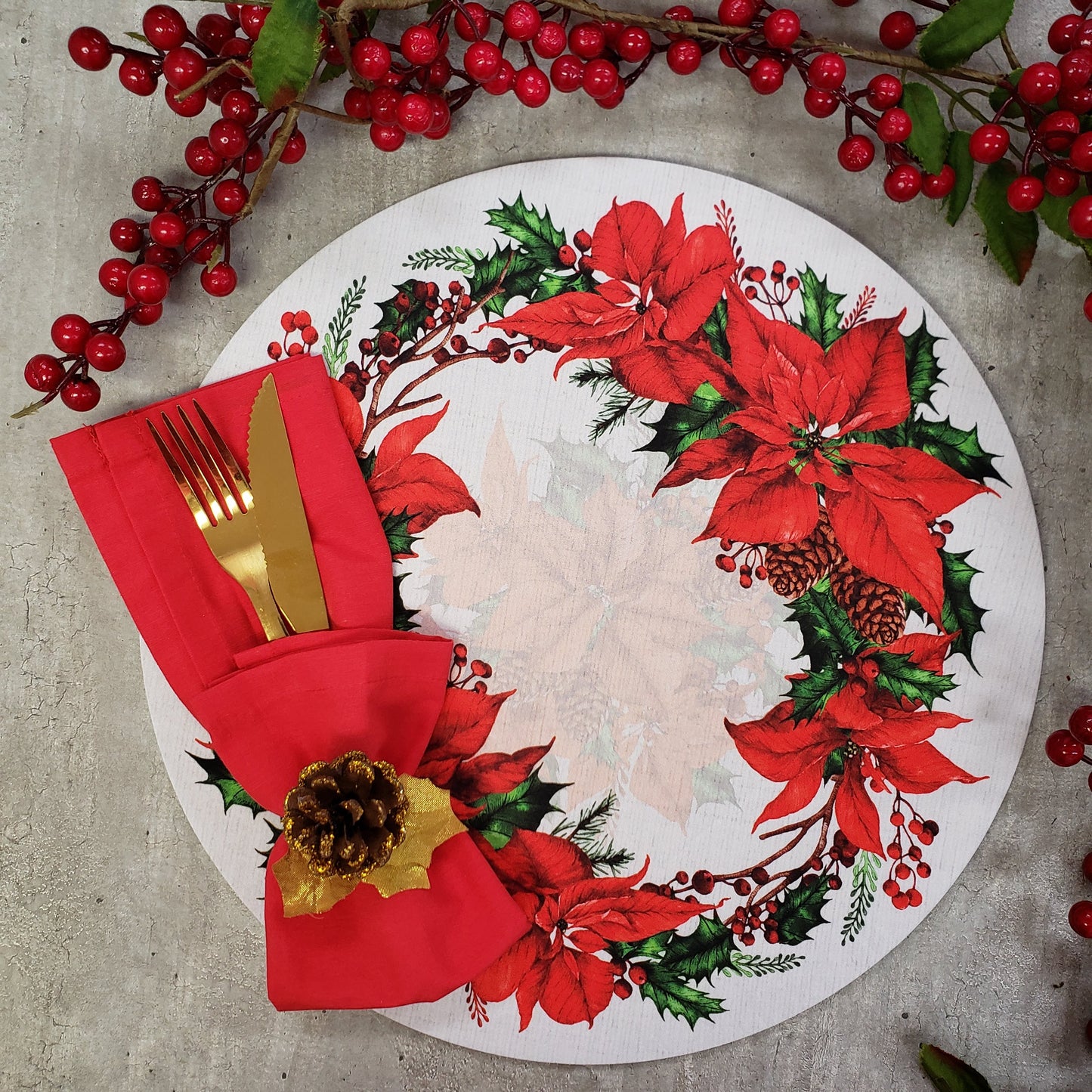 Set of 4 Round Placemats Covers Christmas Flower Cloth 14" Dia  | Grey