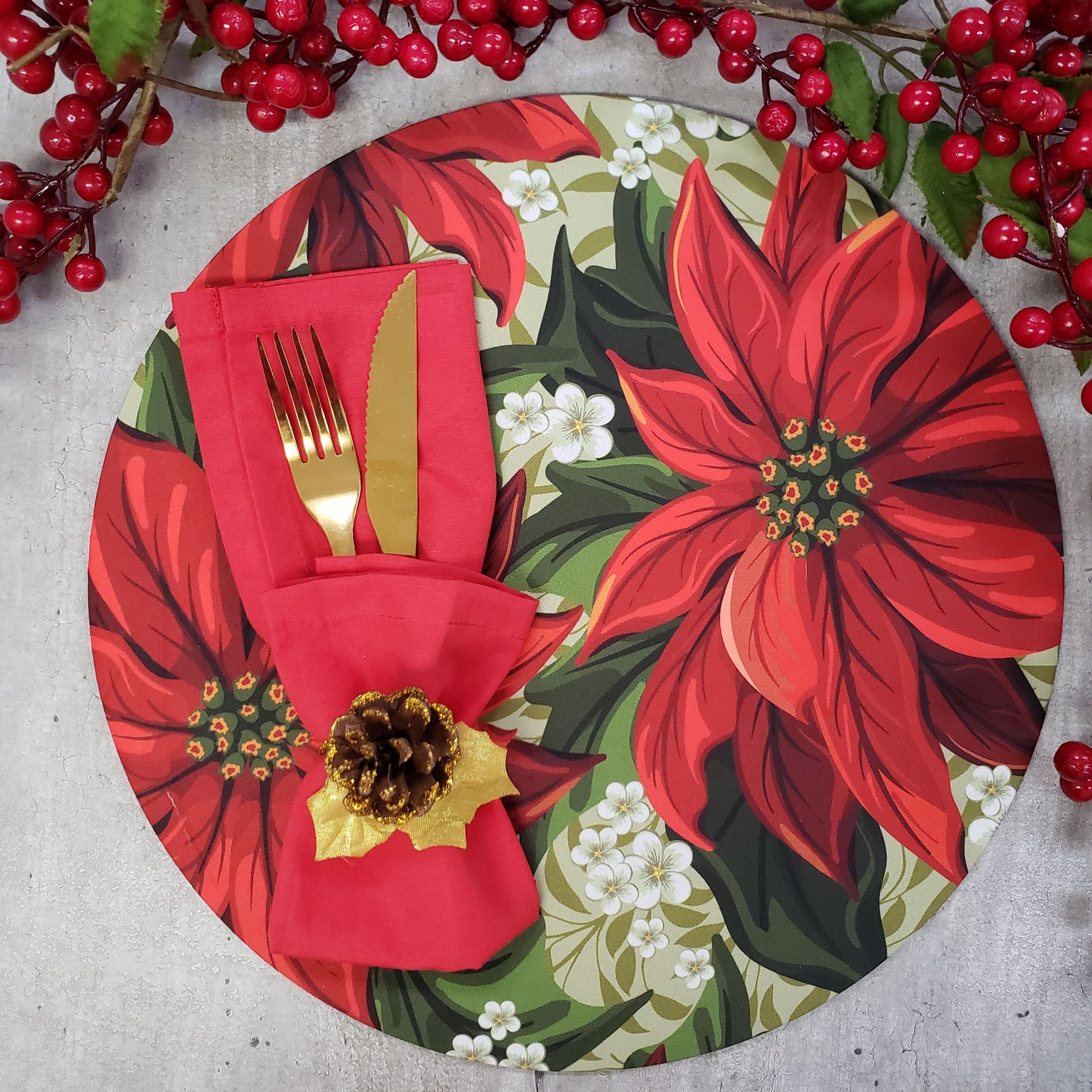 Set of 4 Round Placemats Covers Christmas Big Red Flower Cloth 14" Dia - Green