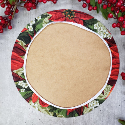 Set of 4 Round Placemats Covers Christmas Big Red Flower Cloth 14" Dia - Green