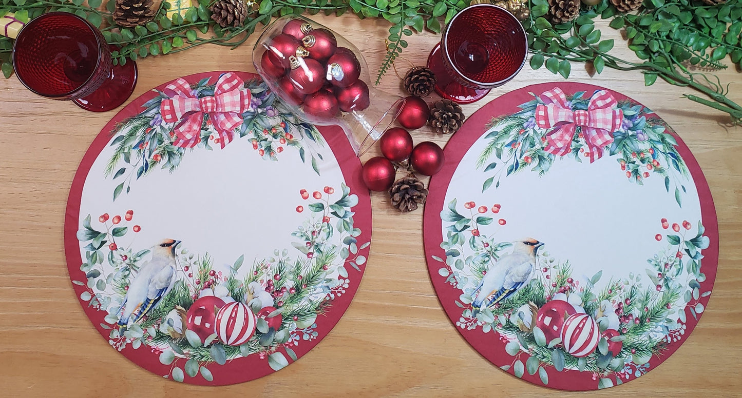 Maison Charlo Set of 4 Round Placemats Covers Christmas Bird Cloth 14" Dia - Marsala