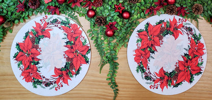 Set of 4 Round Placemats Covers Christmas Flower Cloth 14" Dia  | Grey