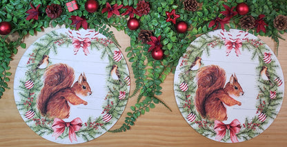 Set of 4 Round Placemats Covers Christmas Squirrel Cloth 14" Dia | Red