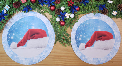 Set of 4 Round Placemats Covers Christmas Santa Cap Cloth 14" Dia Cloth 14" - Blue