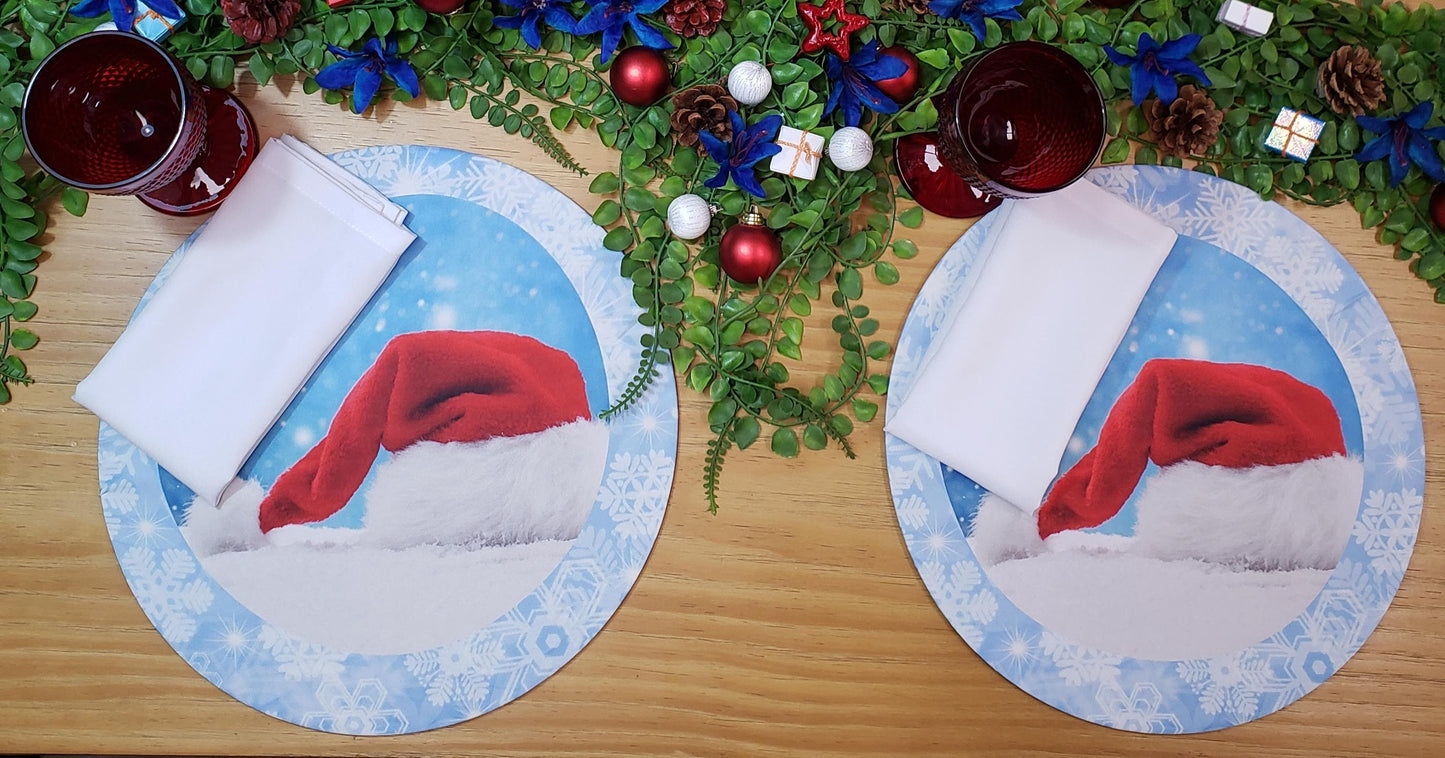 Set of 4 Round Placemats Covers Christmas Santa Cap Cloth 14" Dia Cloth 14" - Blue