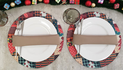 Set of 4 Round Placemats Covers Christmas Patchwork Cloth 14" Dia | Red