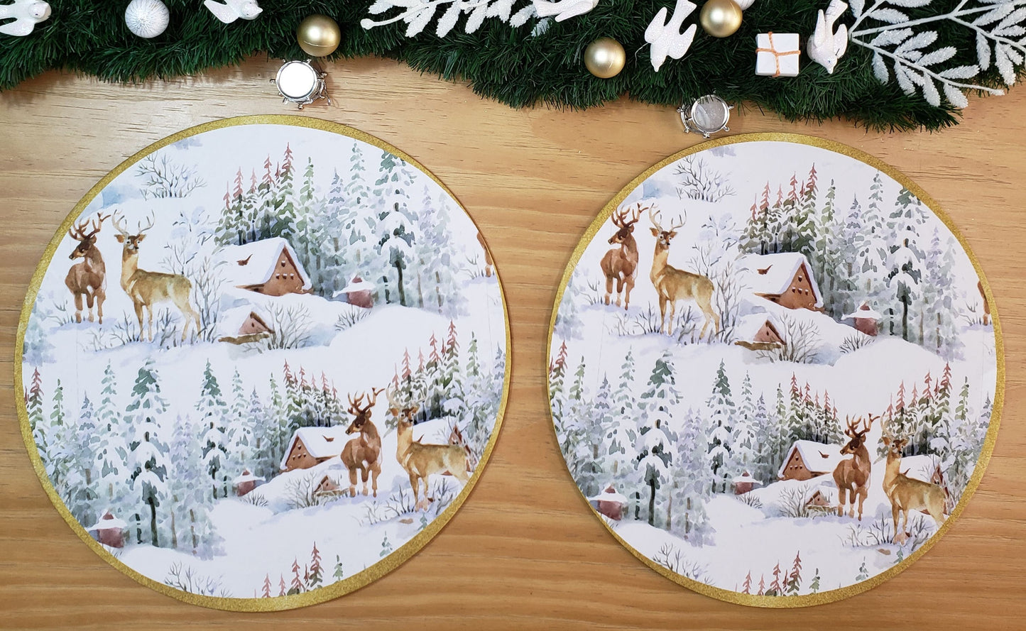 Set of 4 Round Placemats Covers Christmas Reindeer Cloth 14" Dia Synthetic | Red