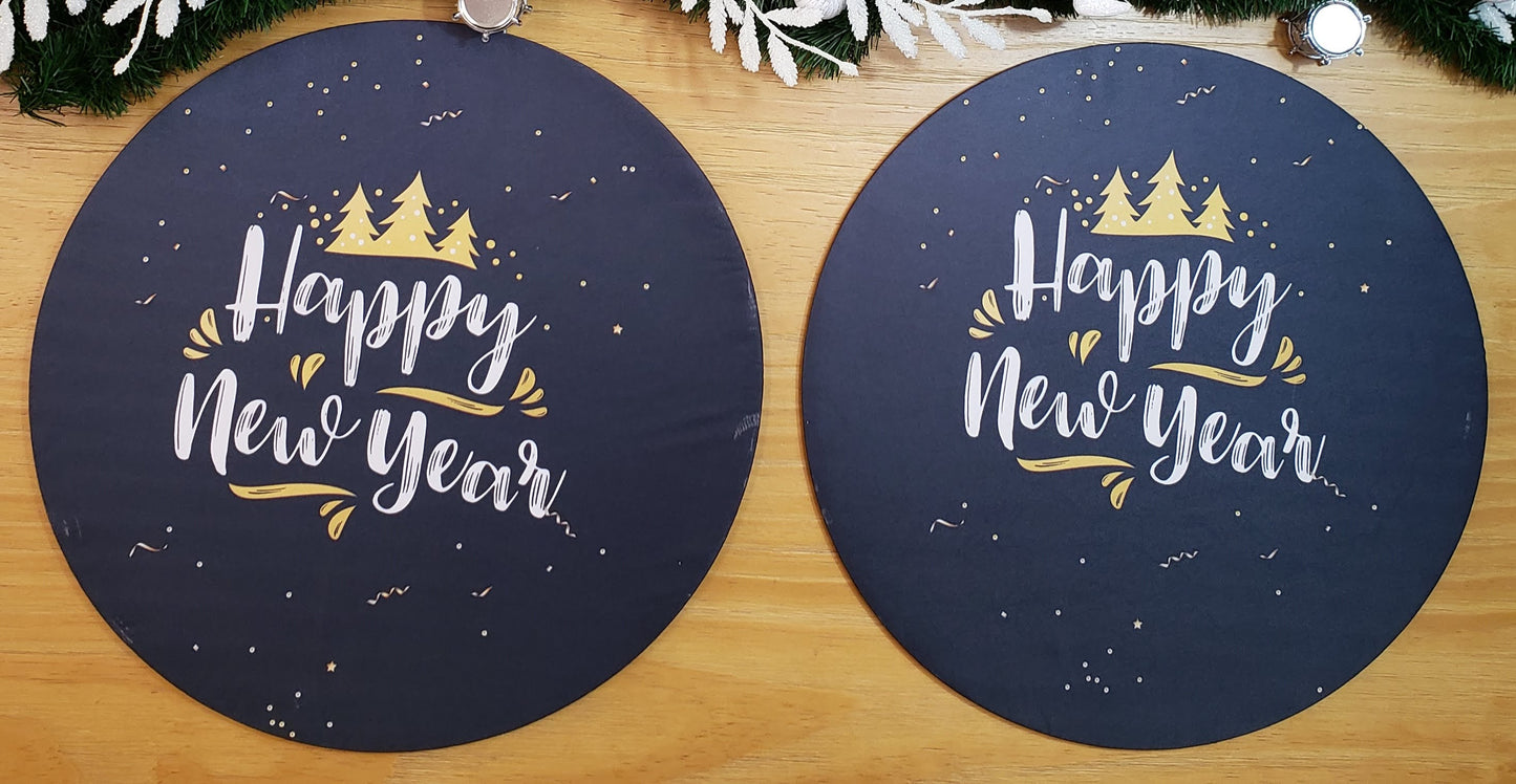 Set of 4 Round Placemats Covers Christmas Happy New Year Cloth 14" Dia  | Black