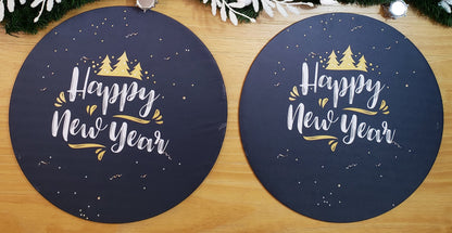 Set of 4 Round Placemats Covers Christmas Happy New Year Cloth 14" Dia  | Black