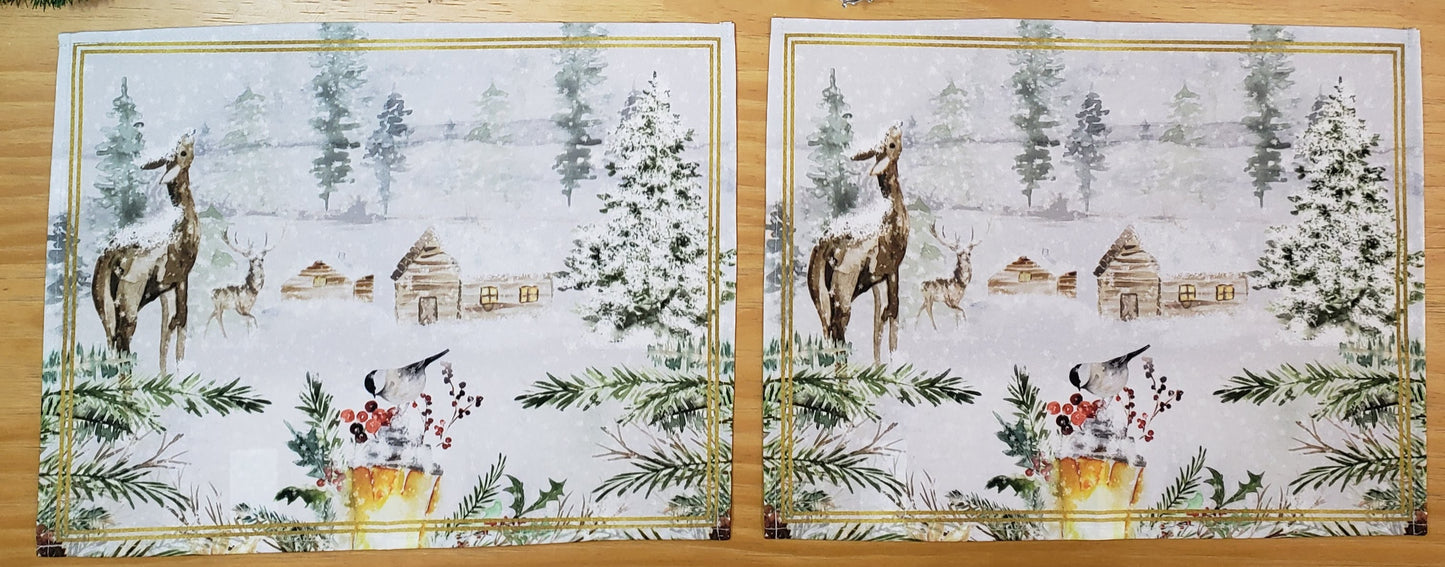 Set of 4 Placemats Christmas Reindeer Herding Cloth Waterproof 17" by 13" - Gold