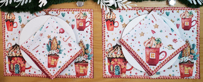 Set of 4 Placemats Christmas Candy Cloth Waterproof 17" by 13"  - White