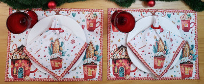 Set of 4 Placemats Christmas Candy Cloth Waterproof 17" by 13"  - White