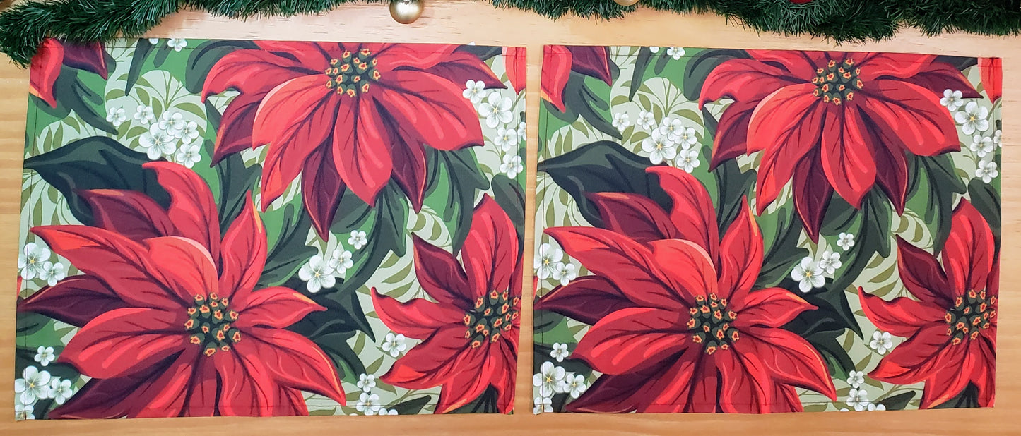 Set of 4 Placemats Bright Red Christmas Flower Cloth Waterproof 17" by 13" - Red