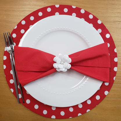 Set of 4 Round Placemats Covers 14 Dia inch Dot Polka Red White