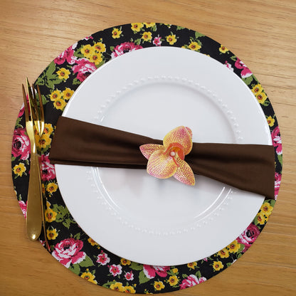 Set of 4 Round Placemats Covers 14 Dia inch Litle Black Flower Charlo